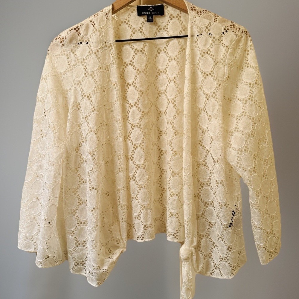 Ronni Nicole Lace Cardigan XL White Open Front Tie Shrug Sheer Boho Coquette Top